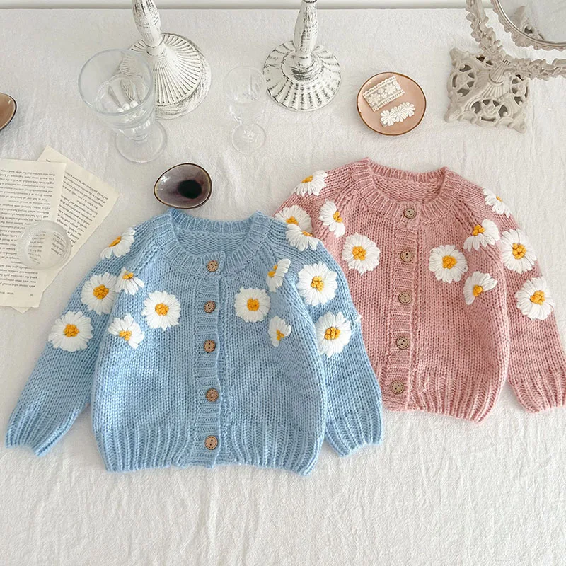 Toddler Baby Girls Sweater Coat Handmade Flower Embroidery Infant Baby Girl Knitting Cardigan Autumn Spring Girl Clothing
