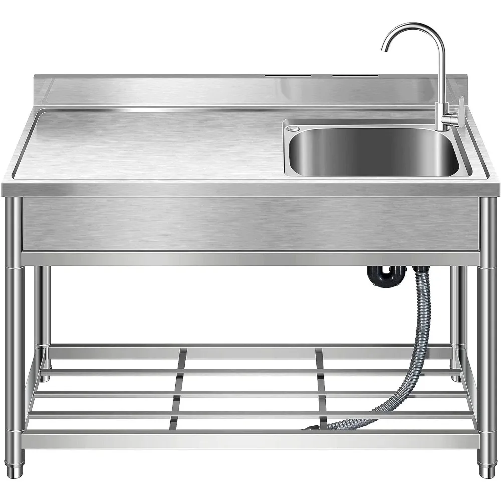 

Free Standing Stainless-Steel Single Bowl, Commercial Restaurant Kitchen Sink Set w/Faucet & Drainboard, Prep & Utility Washing