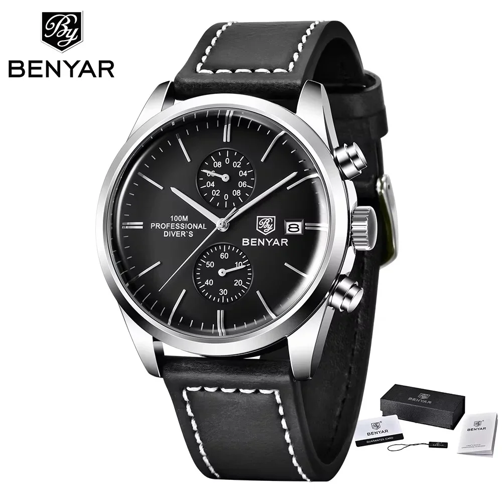 Deluxe BENYAR Men's Leather Chronograph Watch - Waterproof Luxury Sports Timepiece