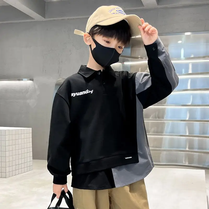 

2023 Boys Child Hooded Shirt 4Yrs To 12Yrs Spring Autumn Patchwork Casual Sweatshirt Casual Cotton Teenage Long Sleeve Clothes