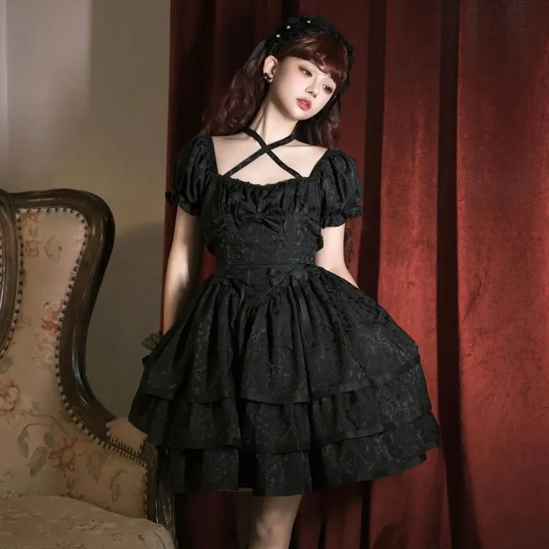 

Thorn Rose Lolita short sleeved three-section skirt with bow tie Dark Gothic dress