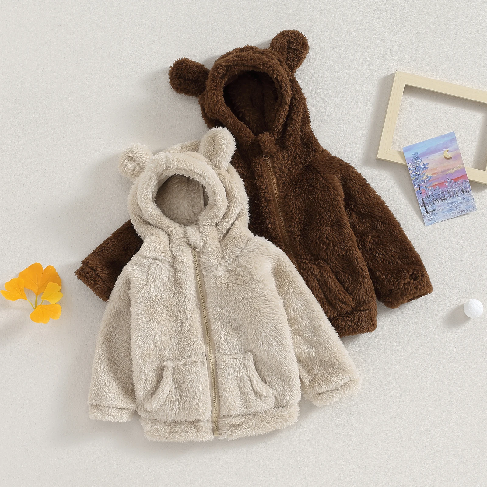 Winter Infant Baby Boys Plush Coat Long Sleeve Clothing Sweater Zipper Closure Cartoon Hooded Jackets Fleece Cardigan Outfits