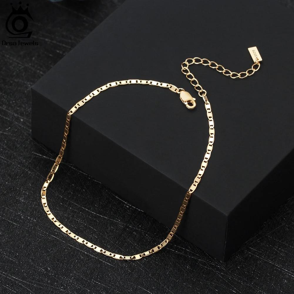 ORSA JEWELS 925 Sterling Silver 2mm Italian Sparkle Mirror Link Chain Anklet Simple Jewelry for Women Birthday Gift SA29