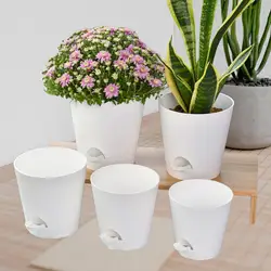 Set of 5 Self - Watering Planters - Round Flower Pots for Home and Garden Decor (White)