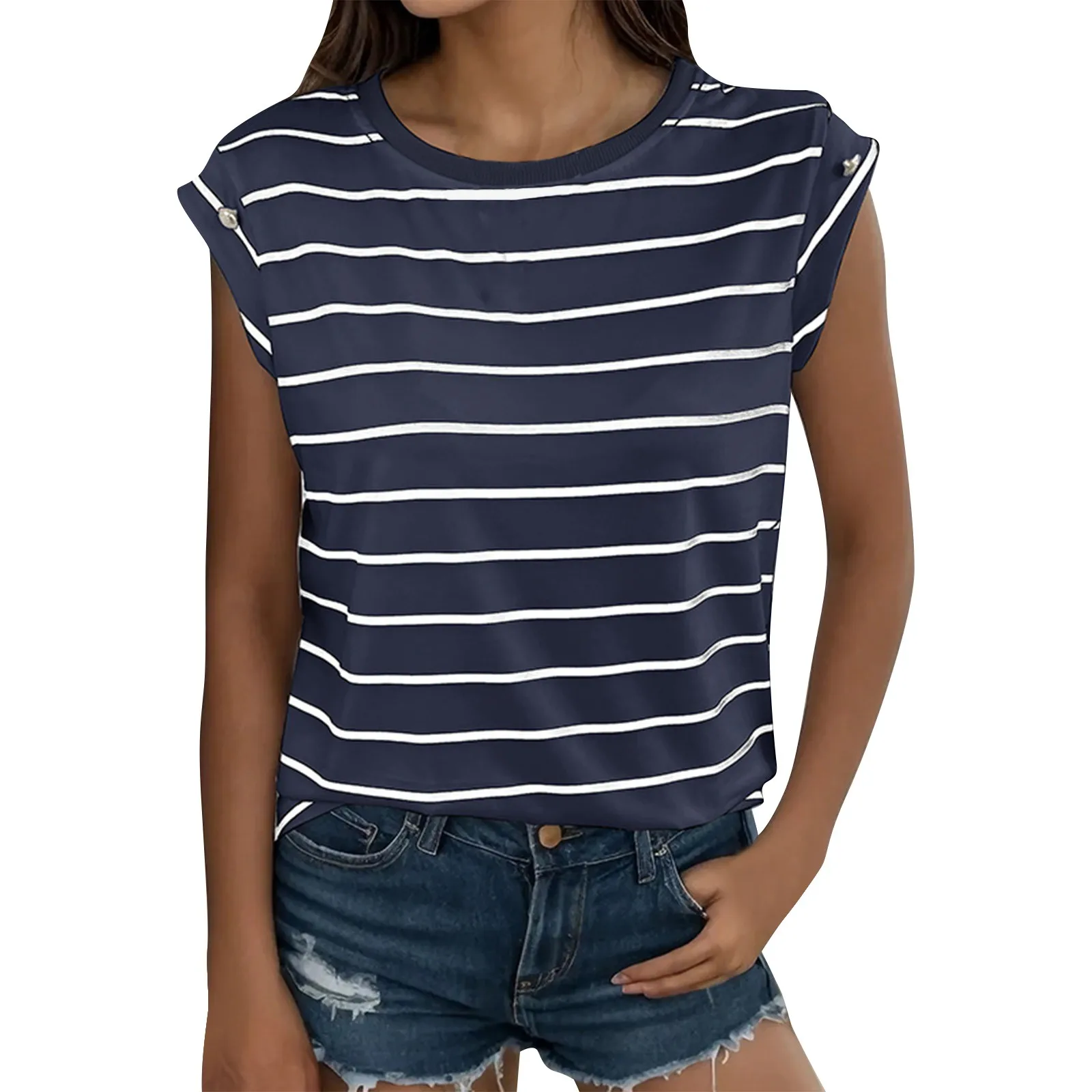 

Ladies Casual Fashion Round Neck Sleeveless Striped Pullover T-Shirt Top Women Fashion Blouse 2023 T Shirt For Women Y2k Clothes