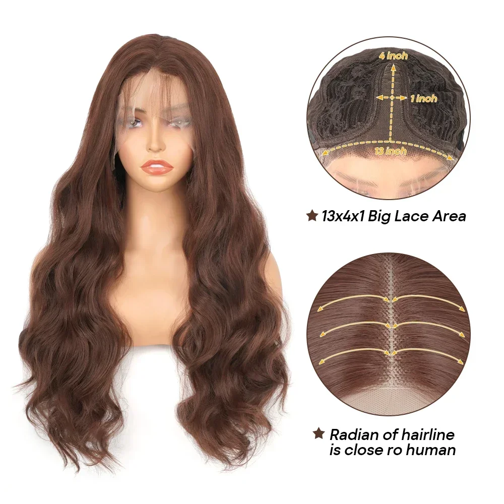 Body Wave Chocolate Brown 13X4 Lace Front Wigs 180% Density Colored Synthetic Dark Brown Lace Front Wig For Black Women for lace front wig,lace wigs,synthetic wigs,womens synthetic wigs
