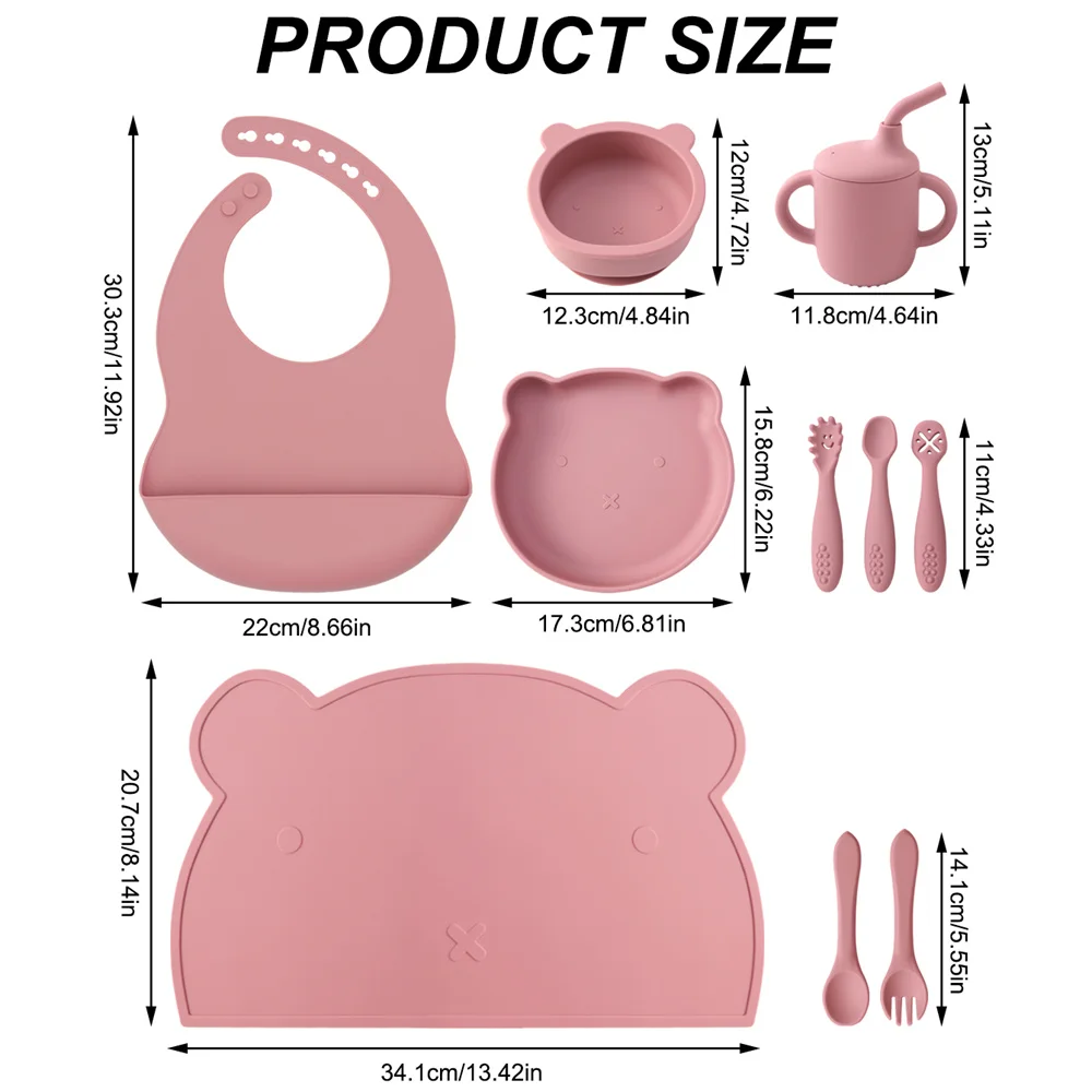 Color Kids 10PCS Soft Silicone Baby Feeding Set Suction Bowl Plate Bib Cup Utensils Waterproof Placemat Toddler Tableware Kit
