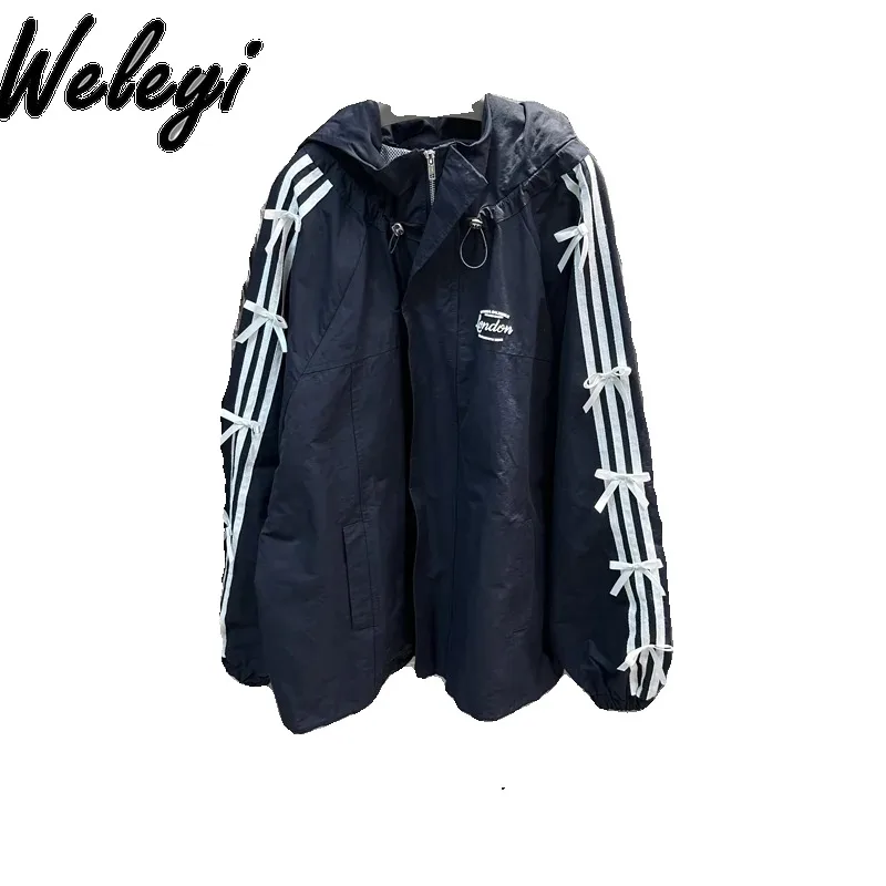 Women's Japanese Trench Coat 2024 Spring Sweet Cute Academy Style Hooded Collar Letter Three Bar Edge All Match Zipper Cardigan