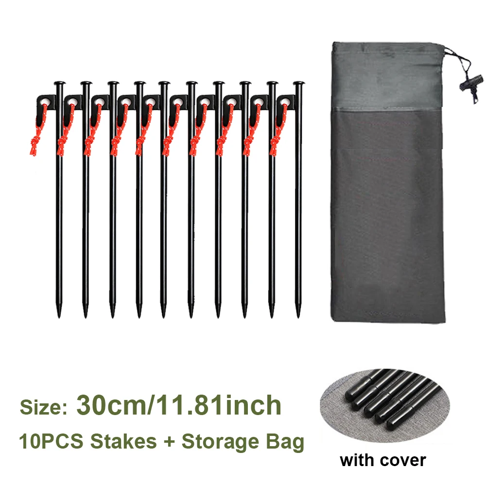 Heavy Duty Forged Steel Tent Stakes Set with Storage Pouch - 10 Pack for Camping & Outdoor Use