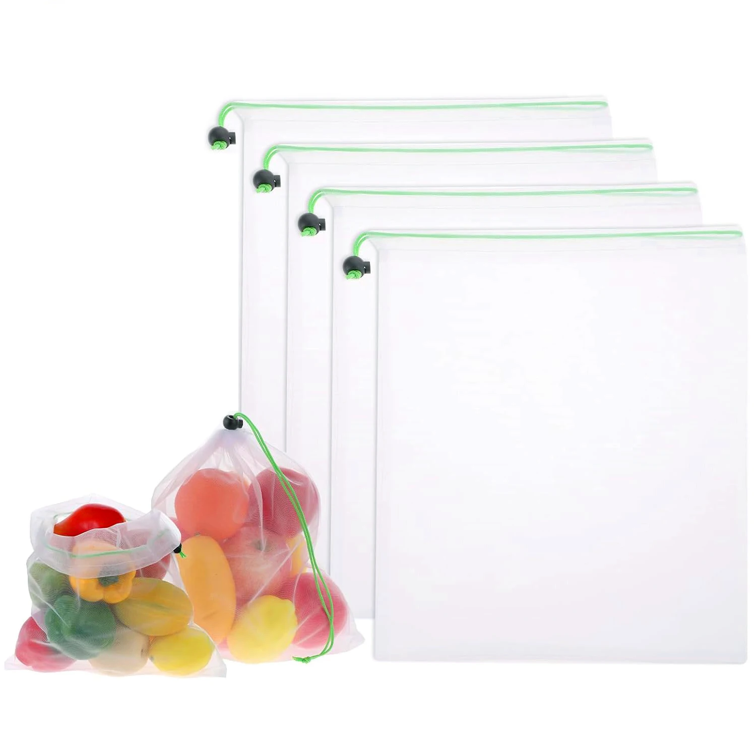 Set of Reusable Washable Mesh Storage Bags with Drawstring