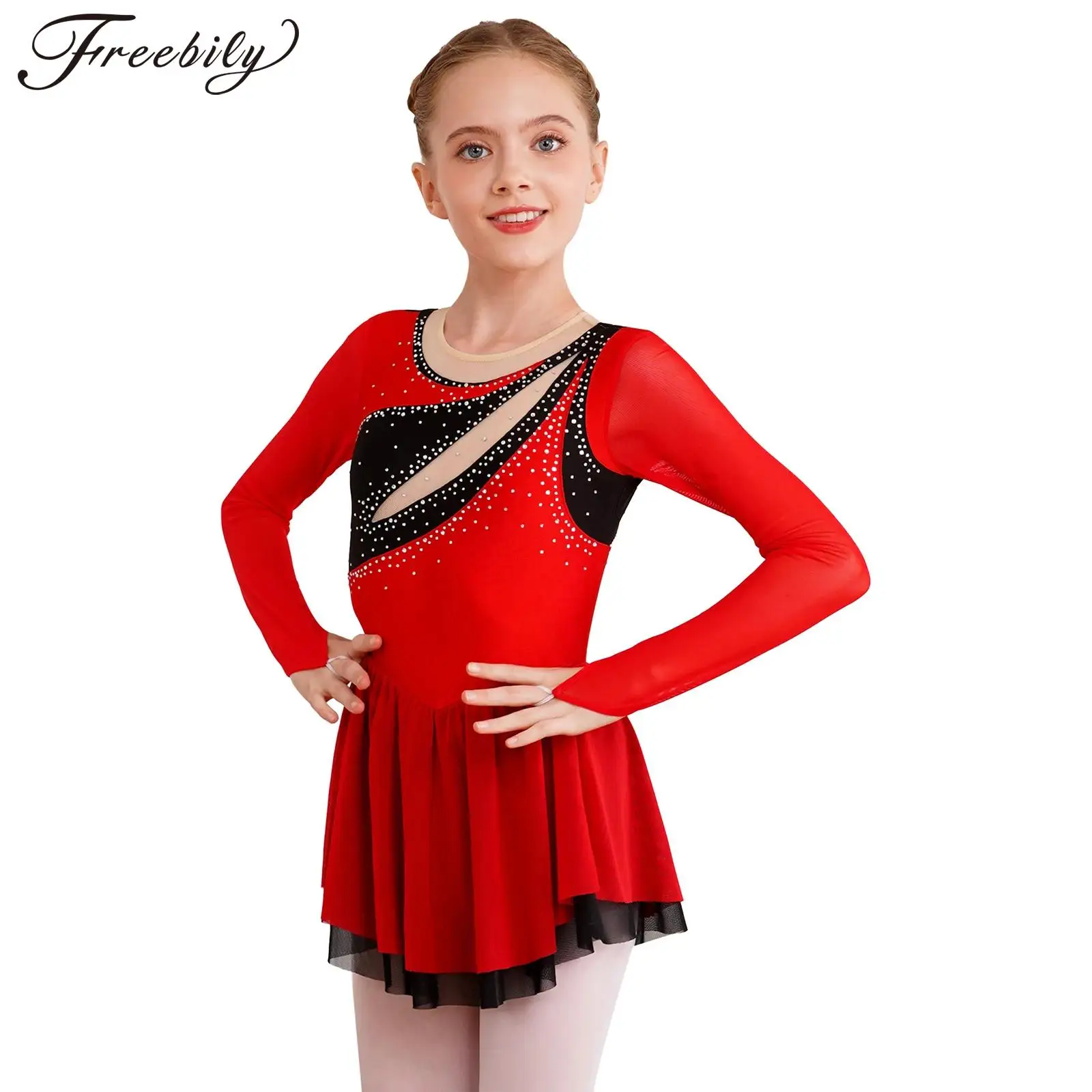 

Kids Girls Ballet Dance Leotard Dress Color Block Dancewear Glittery Rhinestone Sheer Mesh Long Sleeve Figure Skating Dresses