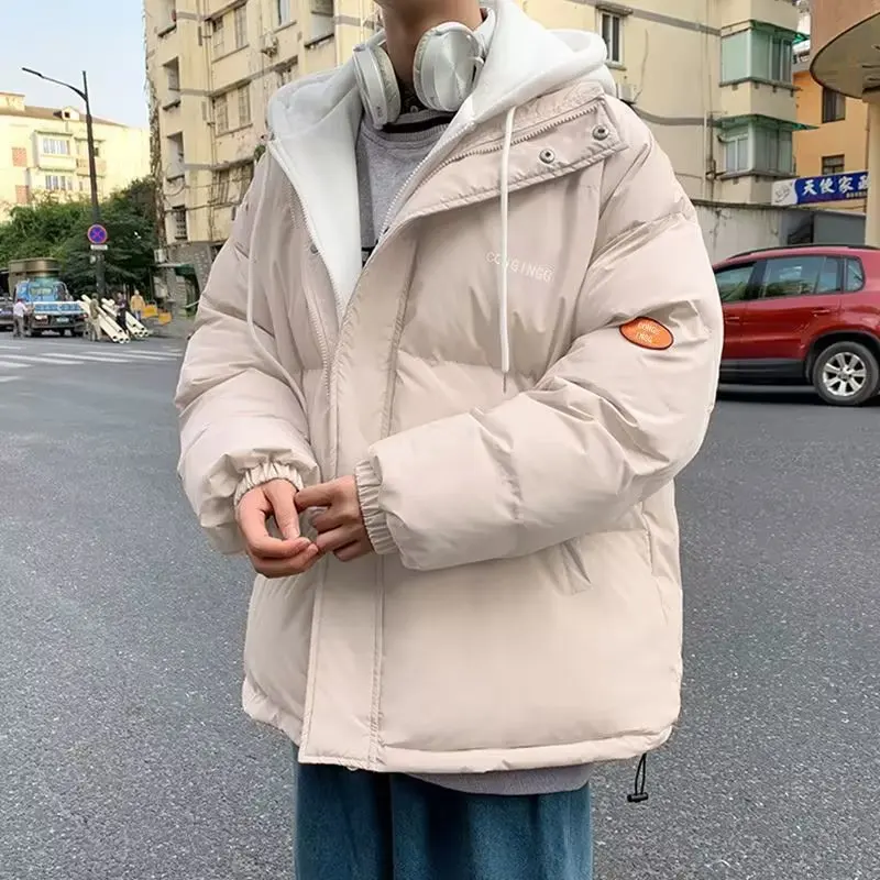 

Fake Two Piece Men Winter Cotton Jacket Fashion Casual Hooded Splice Outerwear Thicken Warm Loose Solid Color Male Bread Coat