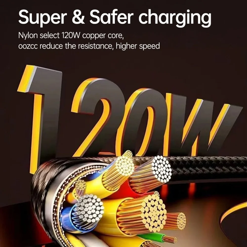 1/2m 120W USB to Type C Fast Charging Data Cable 6A Type C To Type C Nylon Data Cords  With Led Display USB C Black Cords