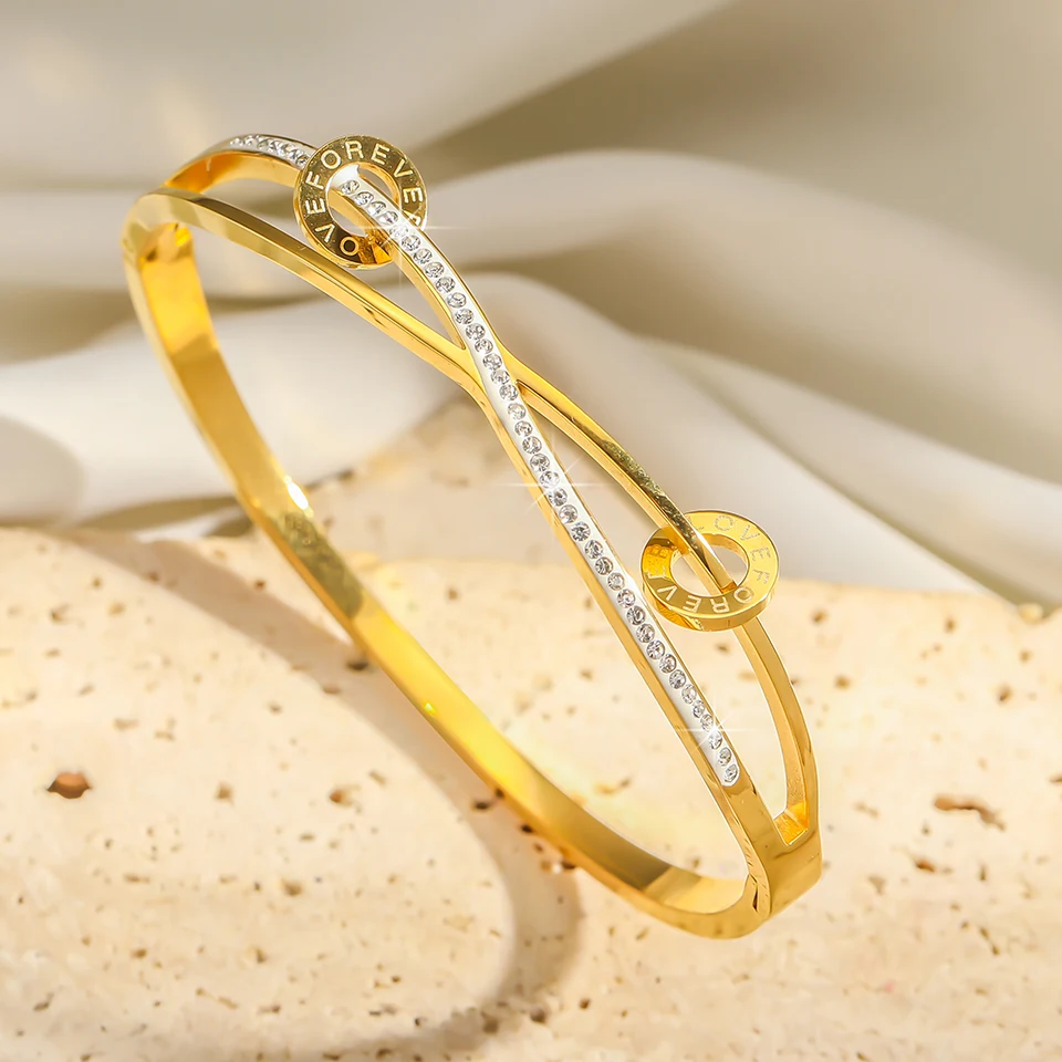 Double Crystal Nail Head Cross Stainless Steel Bracelet Jewelry For Woman