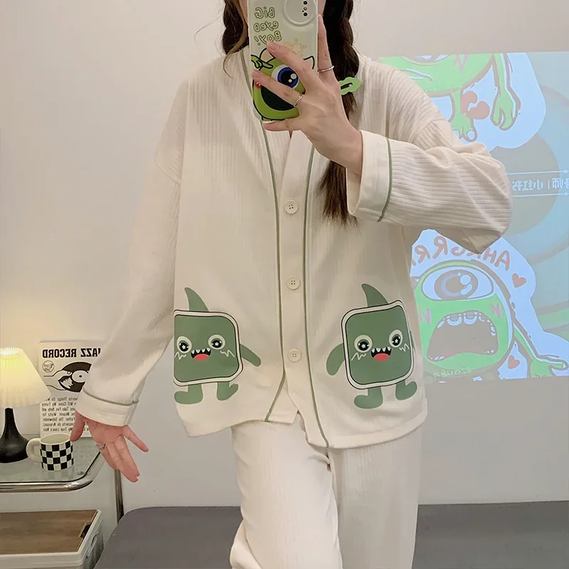 New Sleepwear Women's Cardigan V-neck Long Sleeve Pants Cartoon Loose Home Suit Set Pajamas for Women In Spring and Autumn