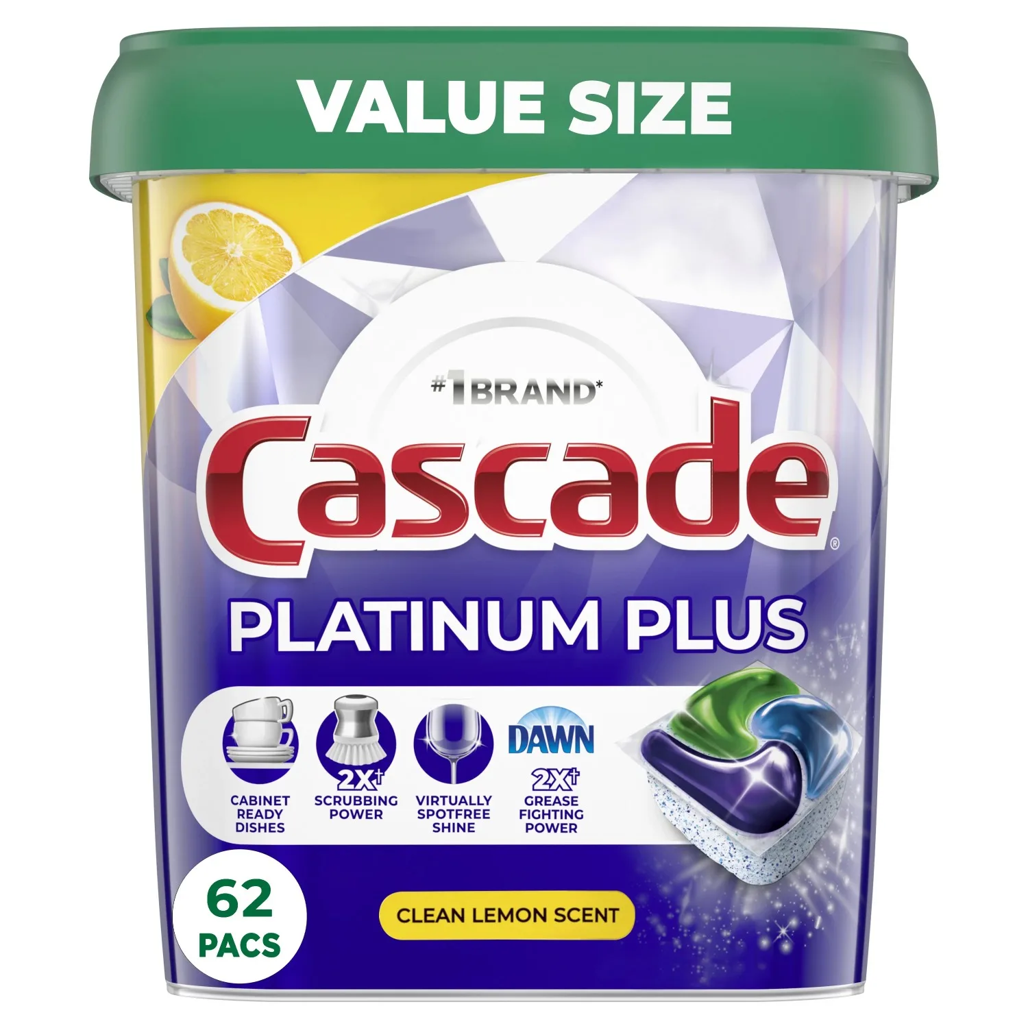 Cascade Platinum Plus Dishwasher Pods Dish Detergent ActionPacs Clean Lemon 62 Count