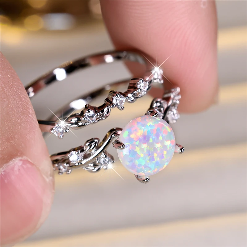 Cute Female White Fire Opal Round Leaf Engagement Ring Set Cute Silver Color Wedding Jewelry For Women
