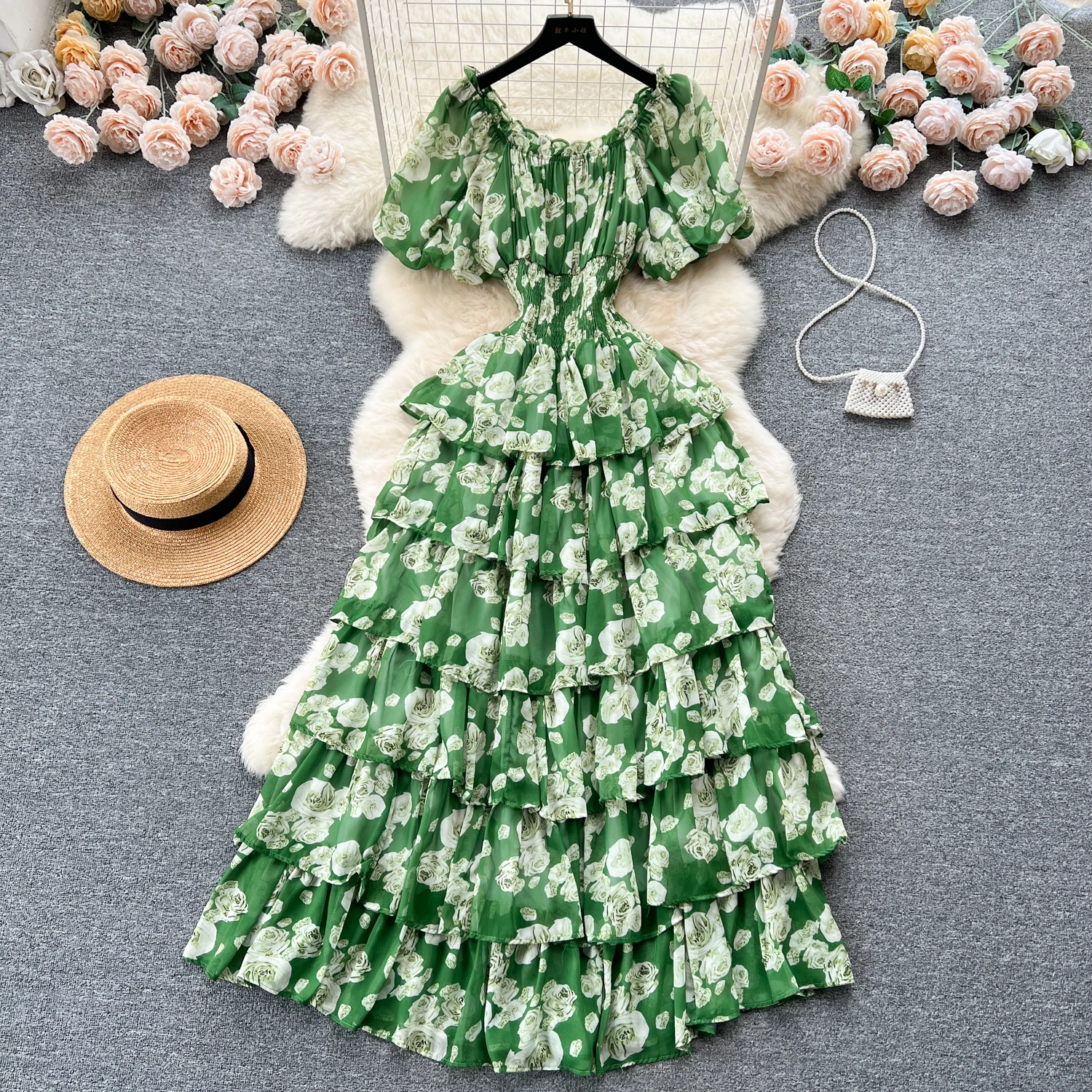 

ALPHALMODA 2023 Retro Romantic Flower Dress Women Summer Bubble Sleeves Slim Waist Multi Layers Ladies Elegant Ruffled Dress