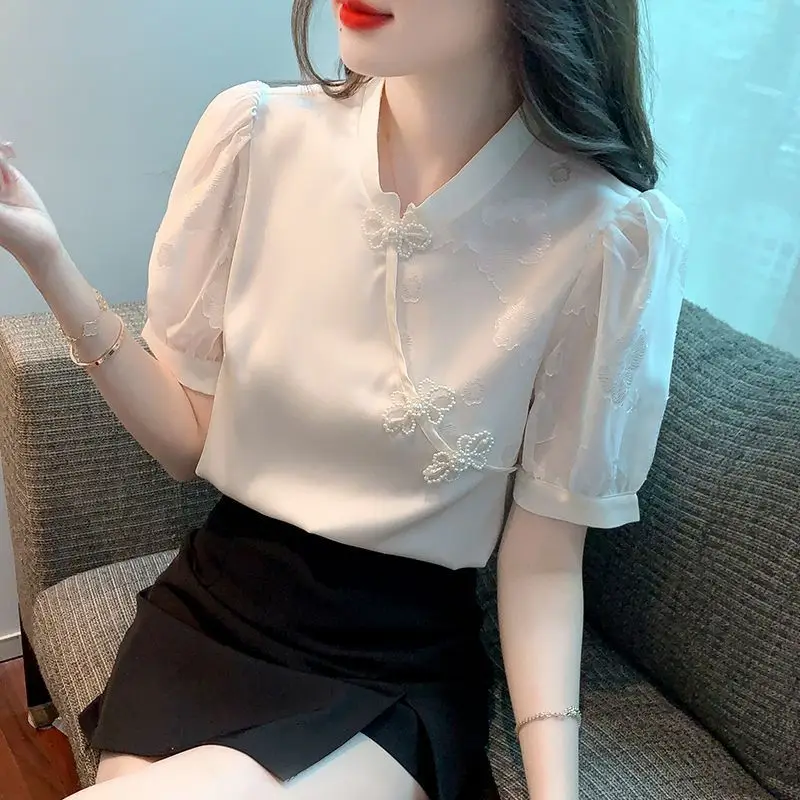 2024 New Summer Chinese Style Loose Casual Elegant Fashion Women's Shirt Oversized Embroidery Turtleneck Short Sleeve Chic Tops