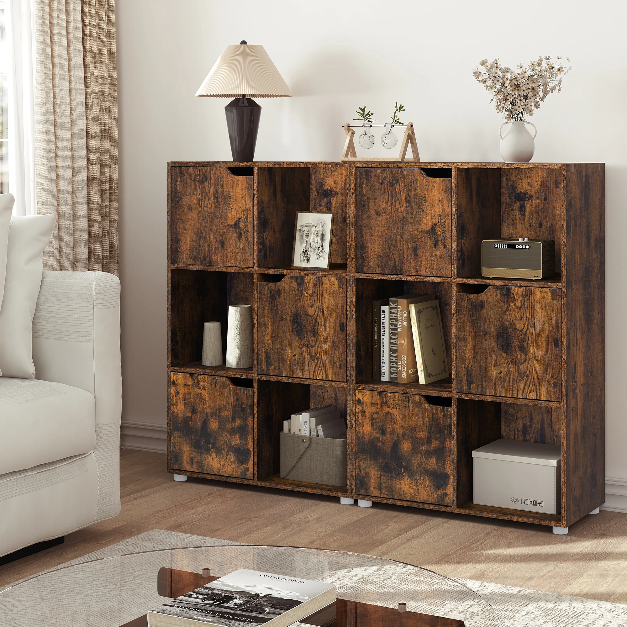 Libreria Industriale Alta Con 3 Cassetti In Tessuto - 170x40x50 Cm, Marrone Vintage, Per Soggiorno