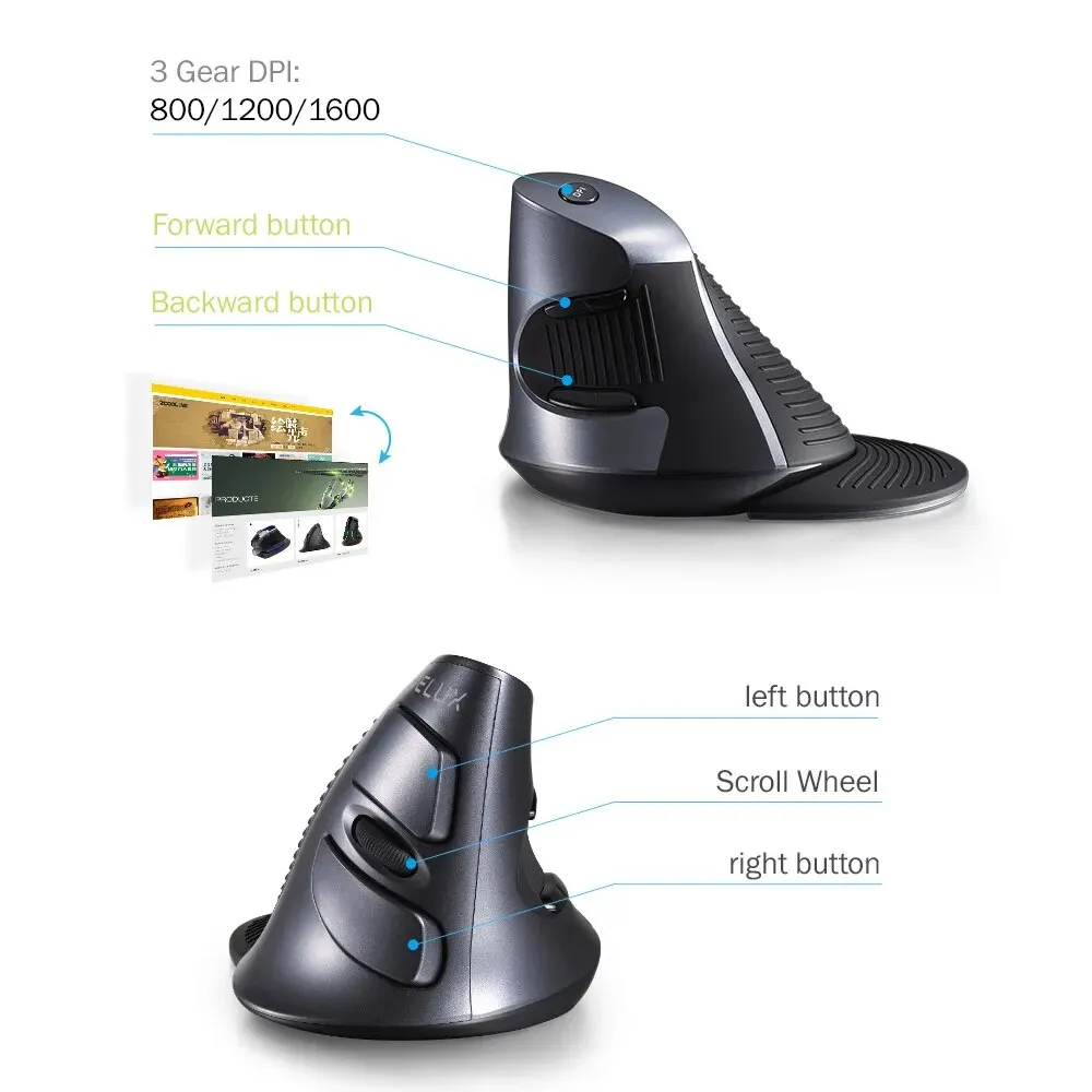Wireless Mouse DELUX Vertical Wireless Mouse 2.4G Wireless Ergonomic Mouse with 3 Adjustable DPI 6 Buttons Removable Wrist Rest Official Micee