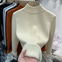 Korean Turtleneck Slim Thicken Knitted Pullovers Woman 2023 Winter Plus Velvet Sweater Casual Fleece Lined Warm Knitwear Tops