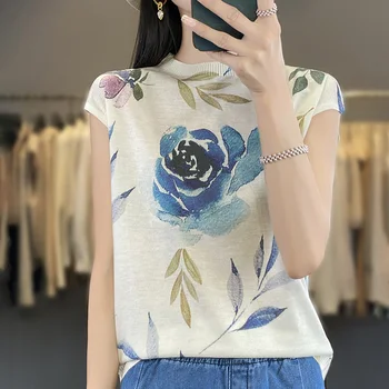 2024 New Summer Thin Silk Knitted Short-sleeved T-shirt Women's Sleeveless Wool Loose Printed T-shirt