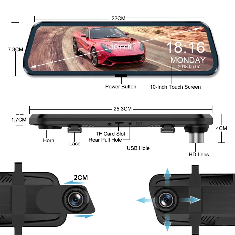 10'' Touch Screen Car Stream Media Dashcam DVR 1080P Dual Lens IPS Rearview Mirror Dash Camera Night Vision Video Recorder images - 6