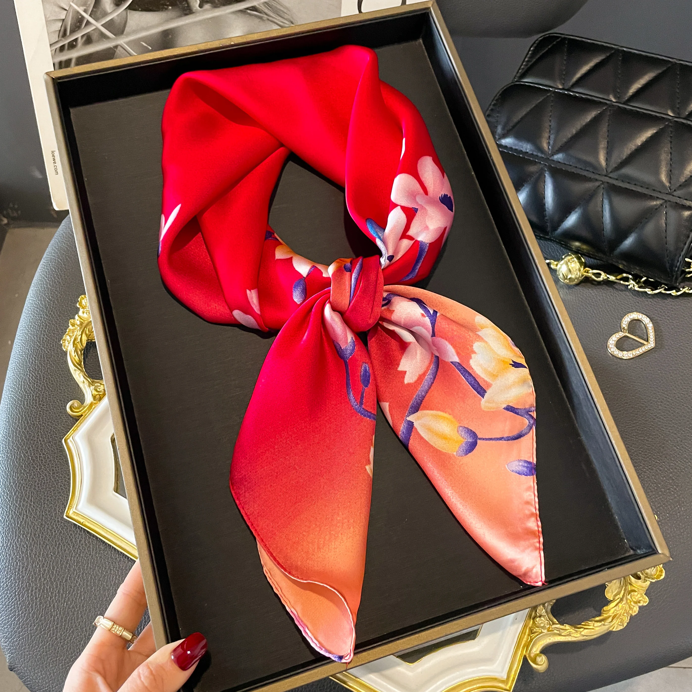 2024 New Horse Print Female Silk Neck Scarf Square Hair Scarves Foulard Head Band Shawls Wraps Neckerchief Bandana Women