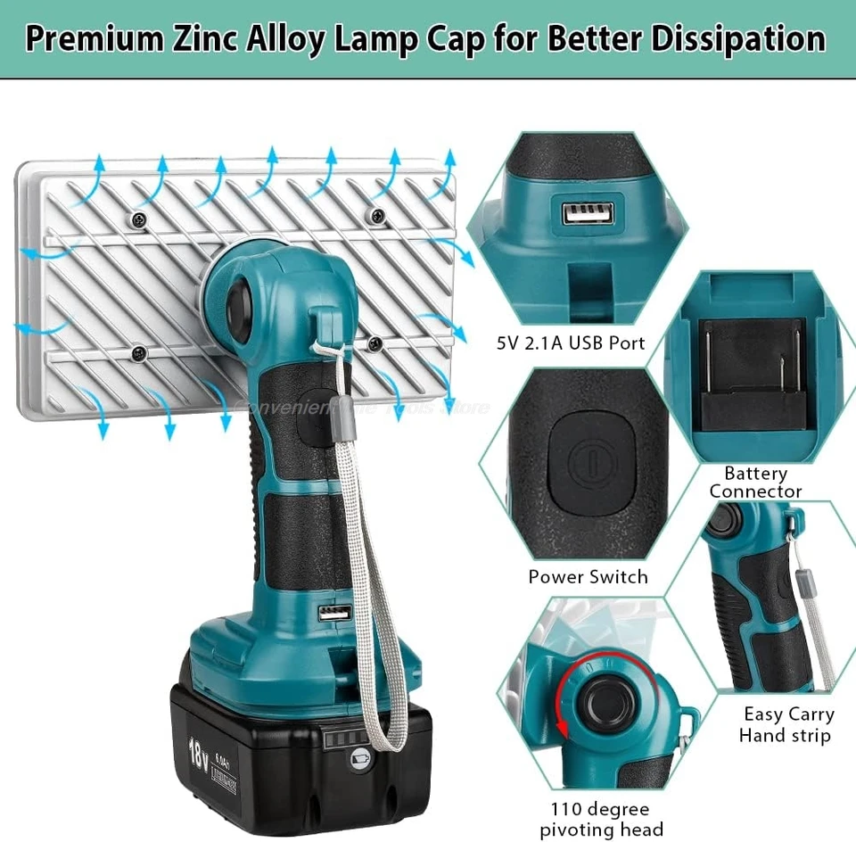 Lampada da lavoro a LED da 3300LM compatibile con la luce da cantiere ricaricabile a batteria Maka 18V con porta USB per garage da campeggio per riparazioni auto  1420