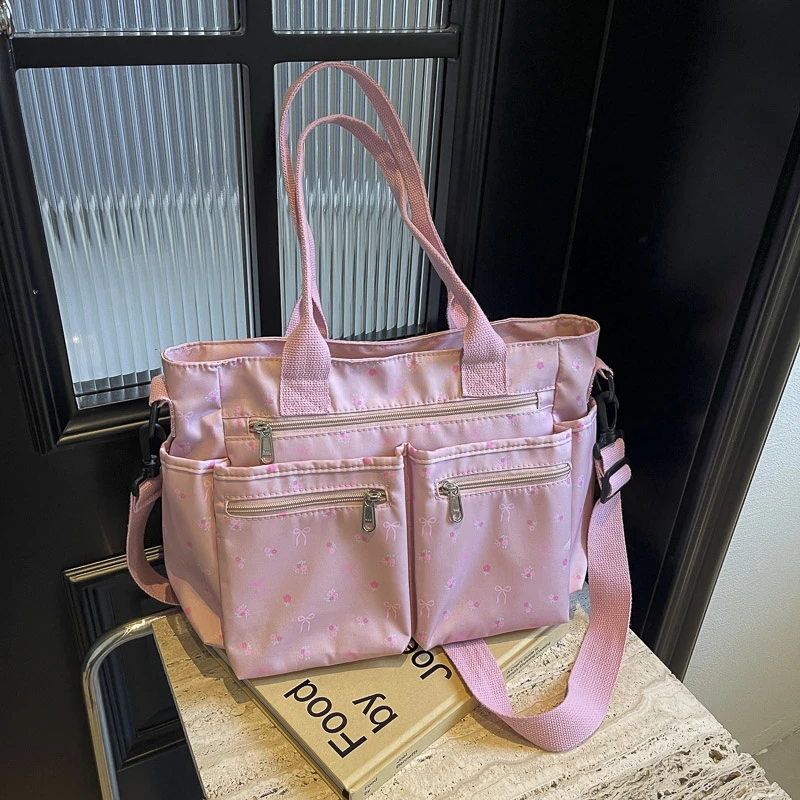Women Large Tote Handbag Korean Daily Commuting Crossbody Bags Multi-pockets Fashion Shoulder Bag Embroidery Bow Top-Handle Bags