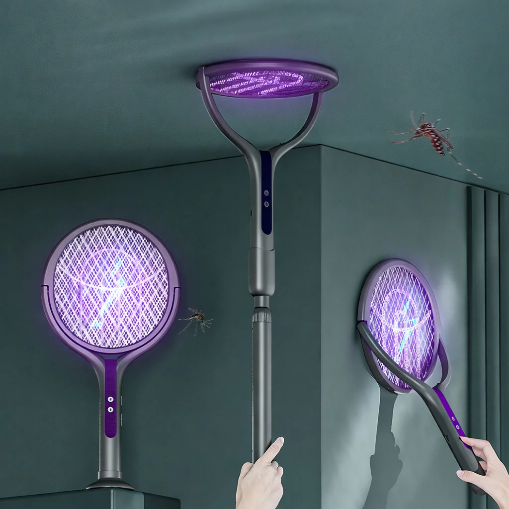 Rotating Mosquito Head Bug Zapper Racket USB Rechargeable Electric Fly Swatter Fly Killer Mosquito Trap Lamp for Indoor Outdoor