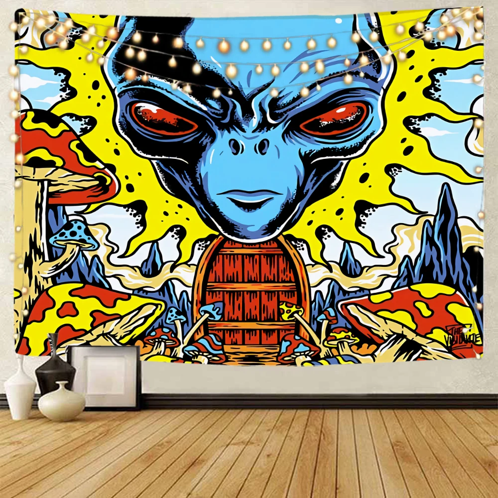 Cartoon alien background tapestry Datura Bohemian hippie wall decorative tapestry Home background decorative tapestry