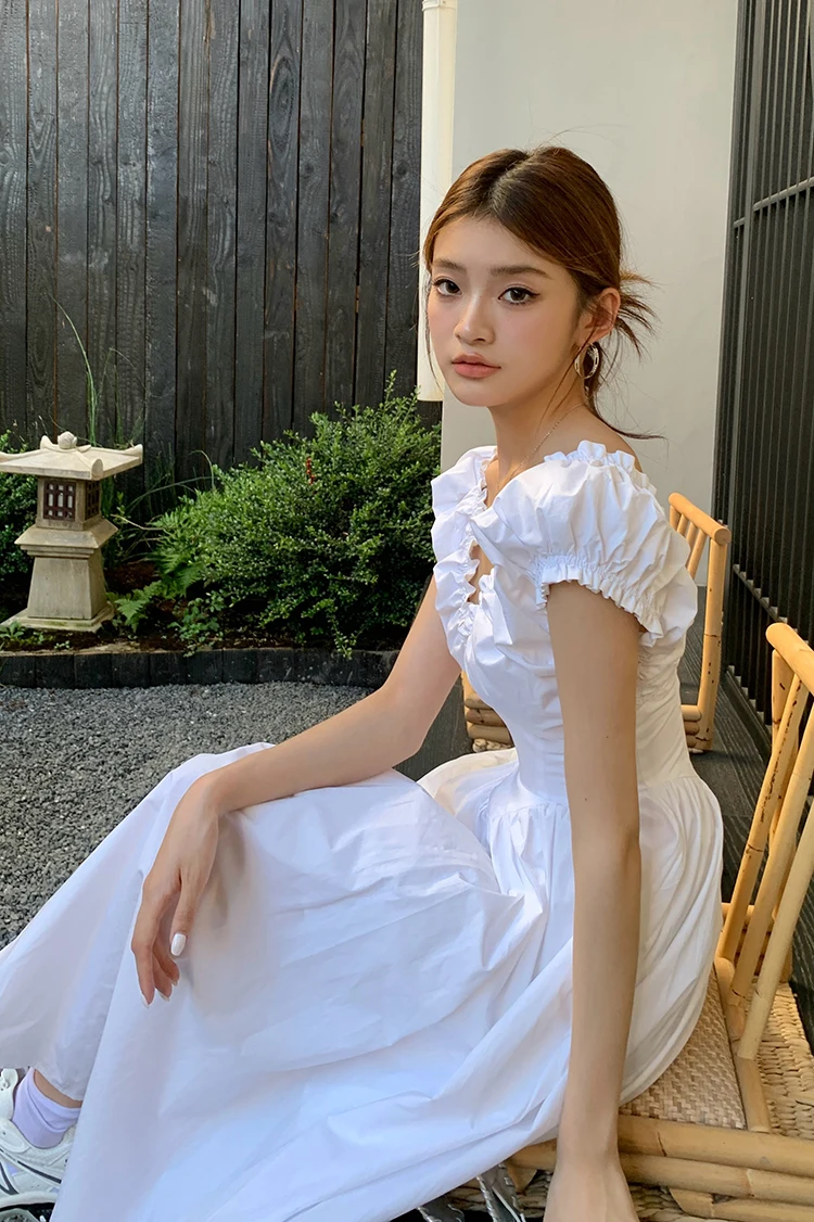 Casual Solid Midi Dresses for Women Korean Chic V-neck Backless High Waist Puff Sleeve A-line Party Dress Summer Vestidos Mujer