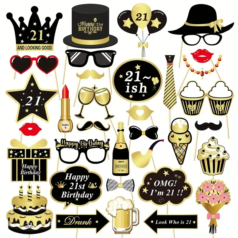 Party Photo Props 34pcs Black Gold Birthday For 18-year-old Boys and Girls Party Decoration