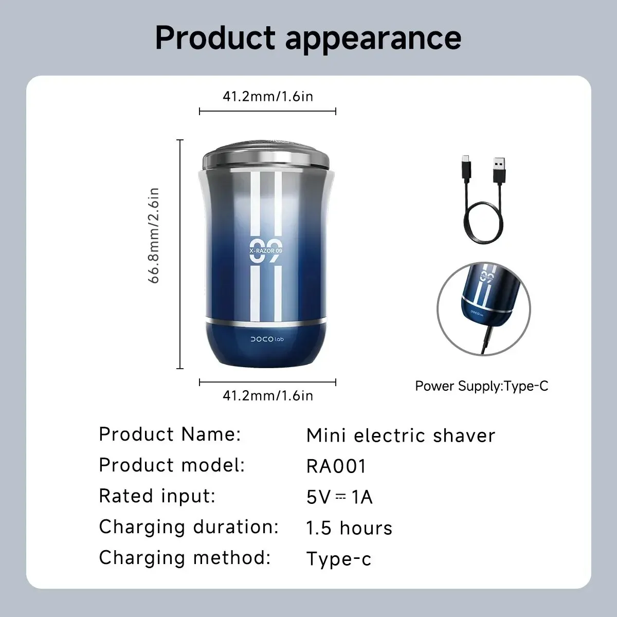 DOCO 휴대용 미니 전기 면도기, 습식 및 건식 USB 충전식, C타입 충전, 남자 여행 사무실 면도기