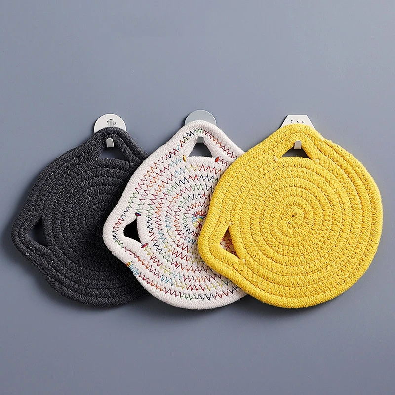 

Cat Ear Round Cotton Rope Placemat Hanging Type Heat Insulation Pad Nordic Style Minimalist Home Table Coaster Kitchen Supplies