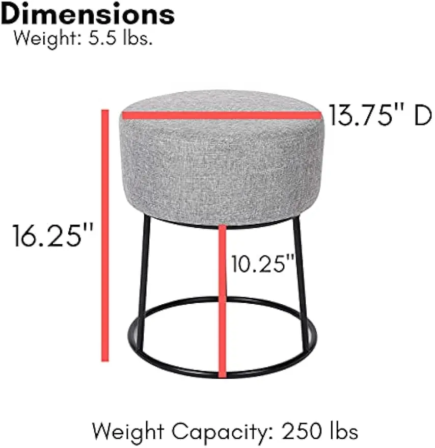 Foot Rest Linen Ottoman - Upholstered Vanity Chair with Black Metal Legs - Soft Padded Round Stool for Living Room, Bedroom