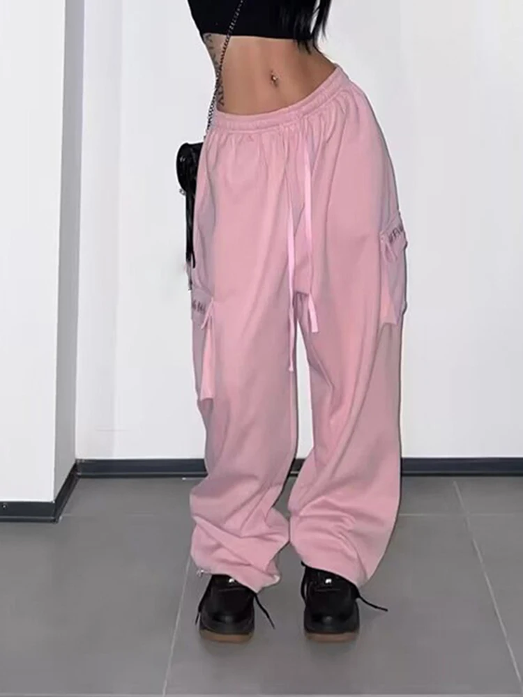 

Pink Cargo Pants for Women Wide Leg Jogger Chic Elastic Waist Parachute Pants Street Hip Hop Harajuku Spring Autumn Y2K 2024