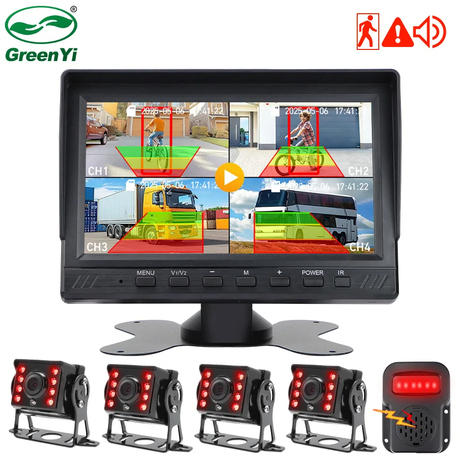 AI Smart Blind Spot Radar Alarm 7'' Car Monitor AHD 4CH Split Screen ...