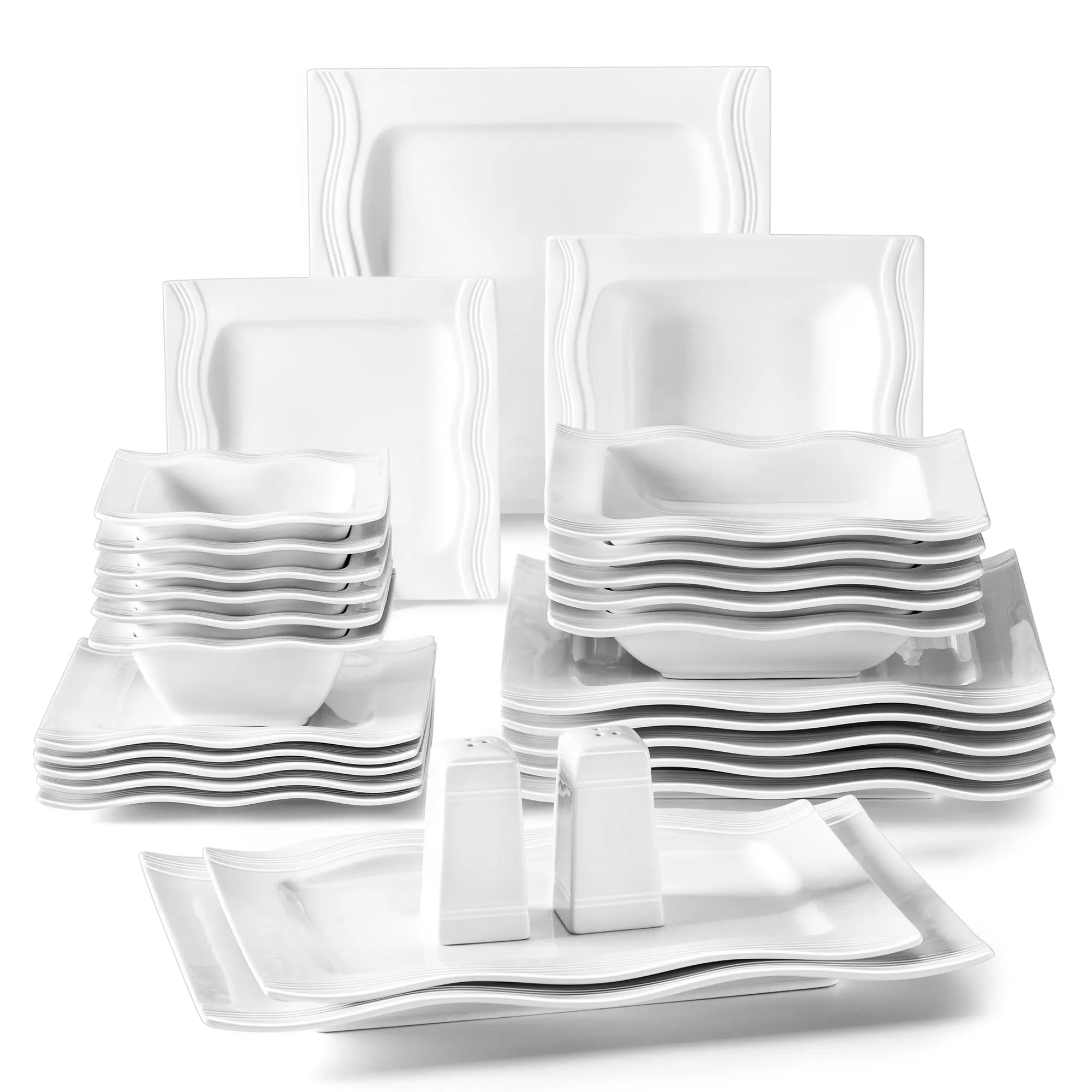 Malacasa Service De Vaisselle Carrée En Porcelaine Blanche, 28 Pièces