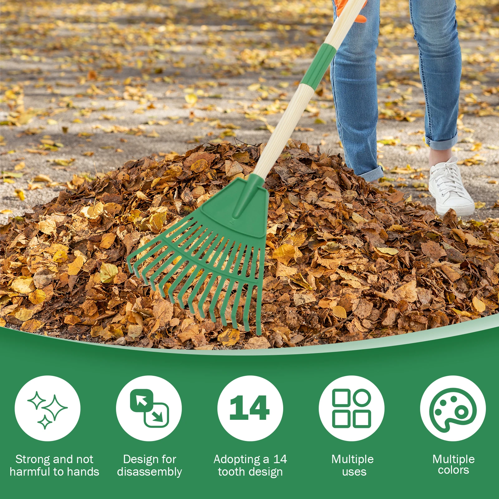 2Pcs Kids Leaf Rake Adjustable Garden Leaves Rakes with 3 Section Removable Handle Gardening Tool Plastic Wood Child Garden Rake