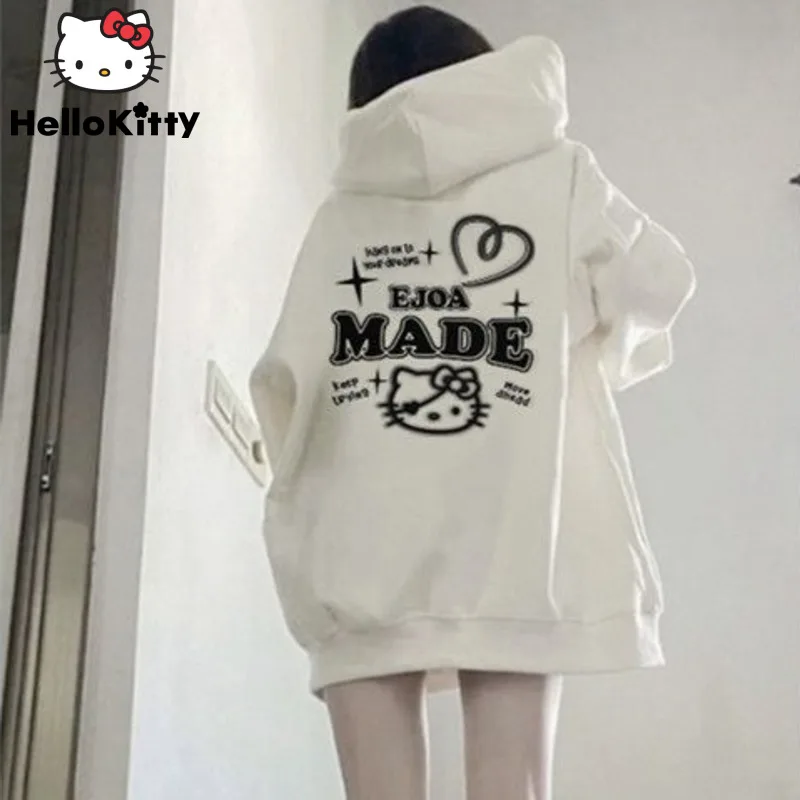 

Sanrio Hello Kitty White Hooded Hoodie Y2k Girls 2000s Aesthetic Harajuku Goth Coat Youthful Woman Clothes Kawaii Anime Hoodie