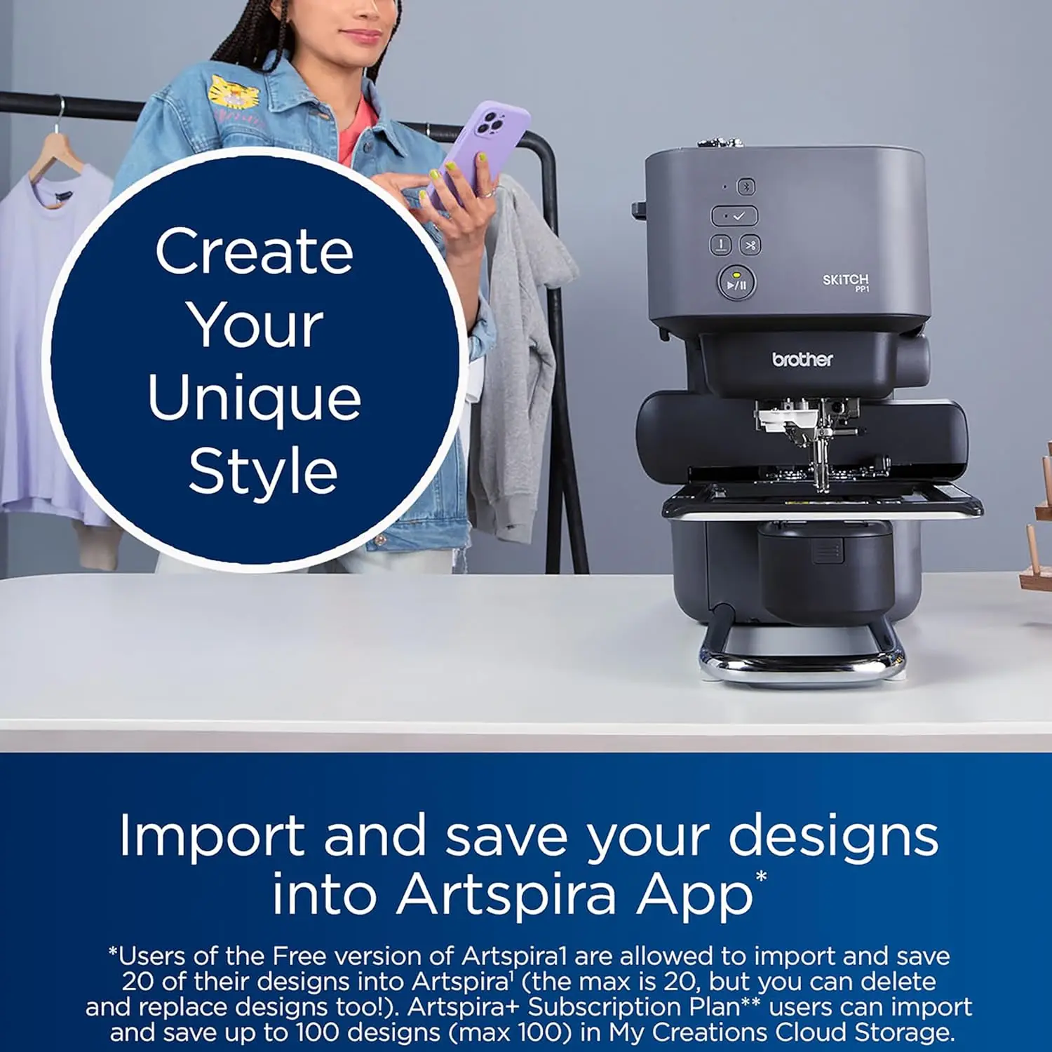 Skitch Single-Needle Embroidery Machine Powered by Artspira 4&rdquo; x 4&rdquo; Embroidery Area Bluetooth Connected