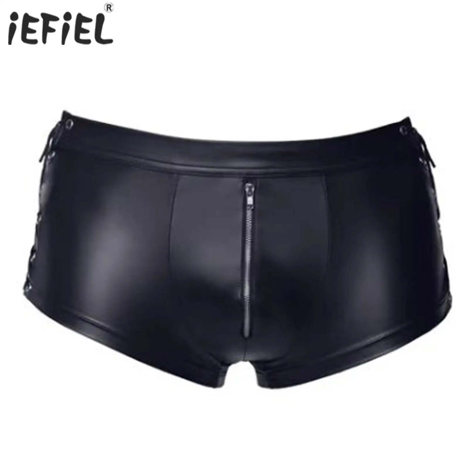 

Men's Shorts Hollow Out Lace-up Boxer Shorts Zipper Crotch Latex Hot Pants Boxershorts Male Clubwear Pole Dance Rave Costume