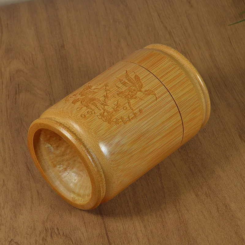 Tea Canister Handmade Bamboo Tea Storage Box Carved Tea Canister Lid Seal Kitchen Storage Jars Accessories Spice Box Case Organizer