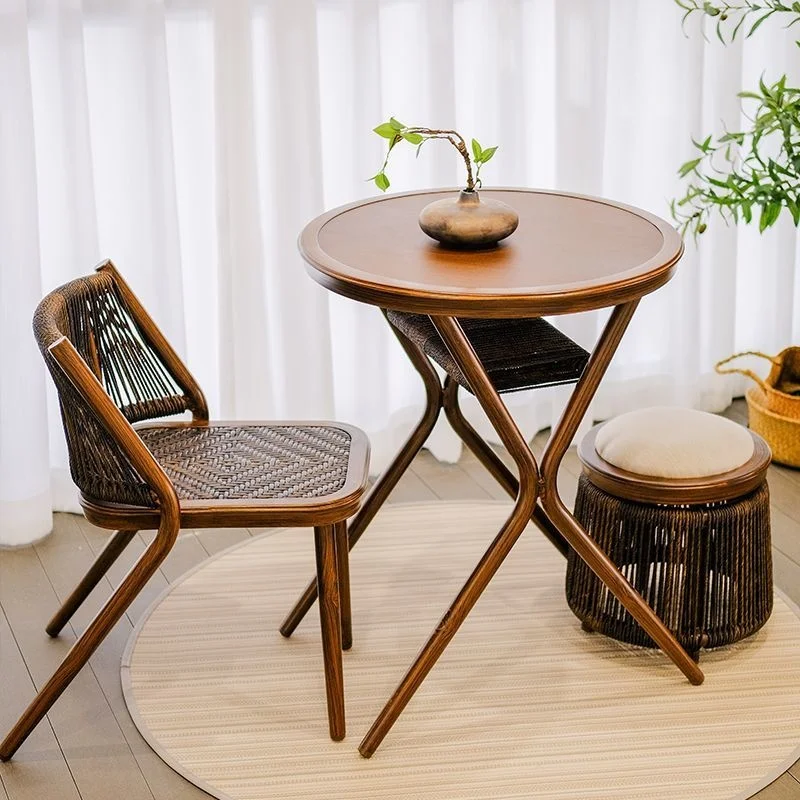 

Balcony Table And Chair Rattan Walnut Simple Retro Chinese Style Leisure Bar Combination Outdoor Storage Tea Table Rattan Stool