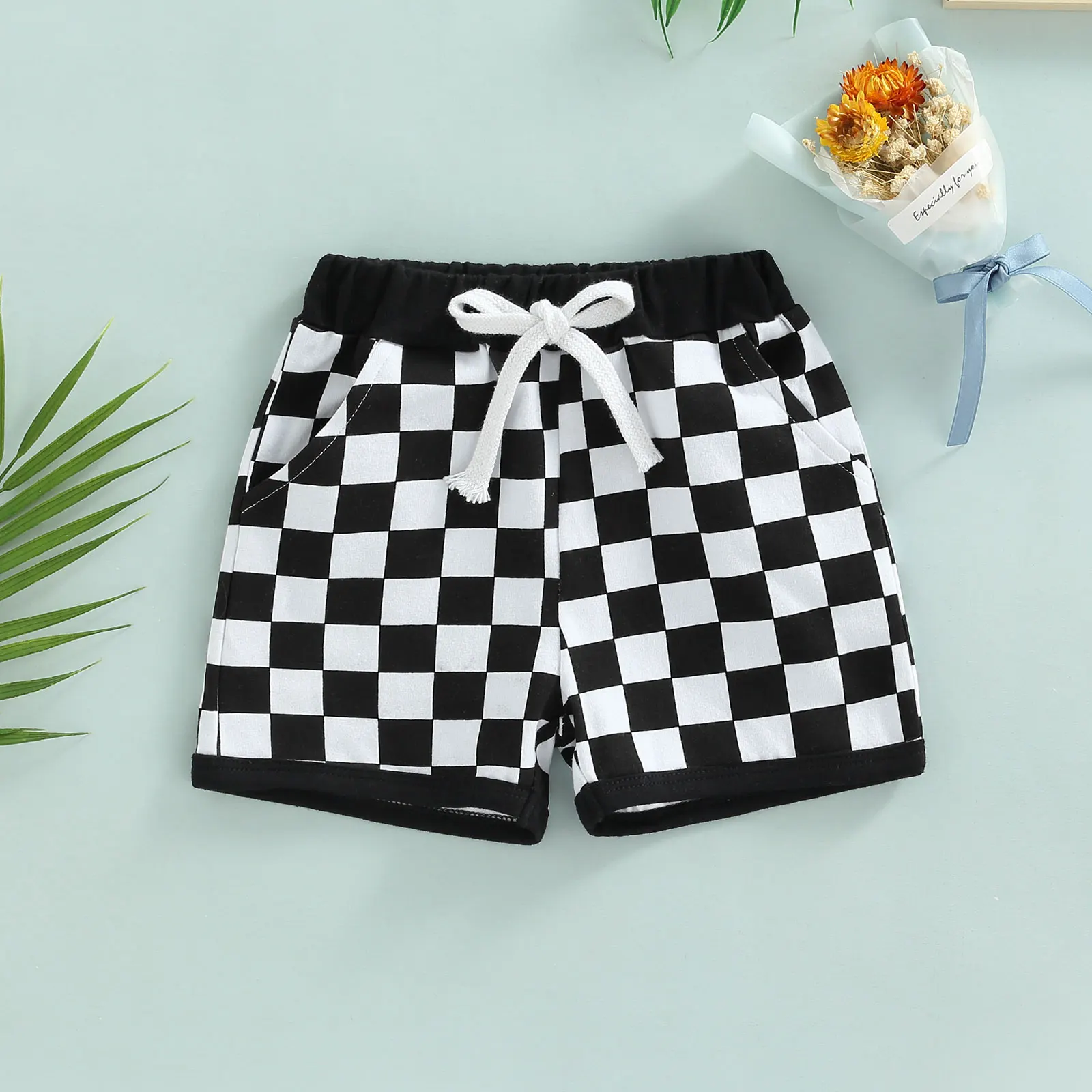 Summer Toddler Baby Boys Shorts Checkerboard Print Elastic Waist Drawstring Short Pants Clothing 0-3T