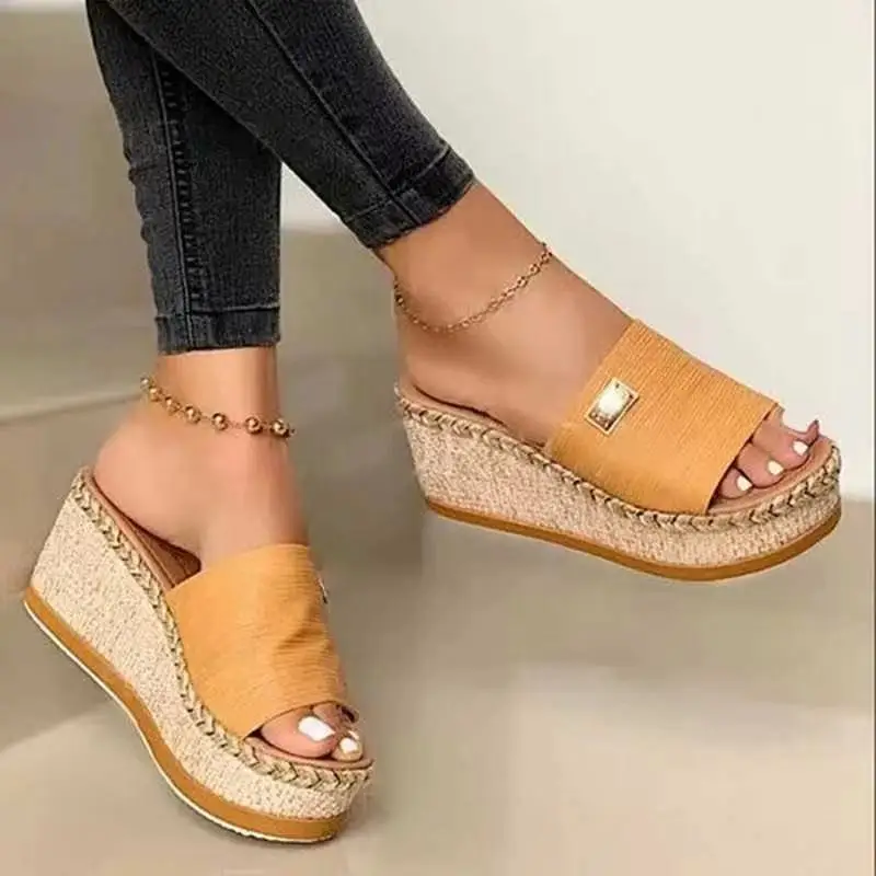 

2023 Sequined High-heeled One-word Slippers Women Summer Outer Wear Platform Beach Comfort Sandals on Offer Free Shipping