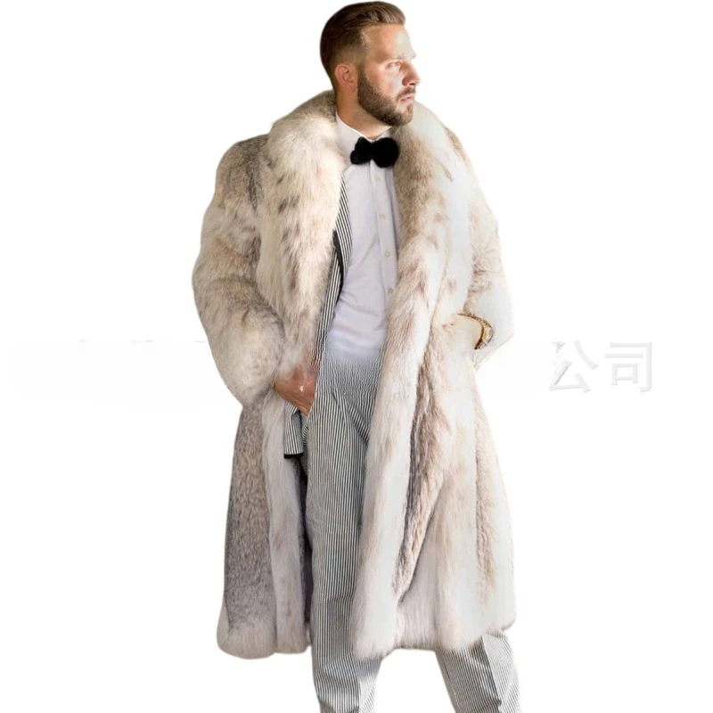 Fur Coat for Men Medium Length Bobcat Leopard Print Artificial Fur Fox Fur Coat for Men